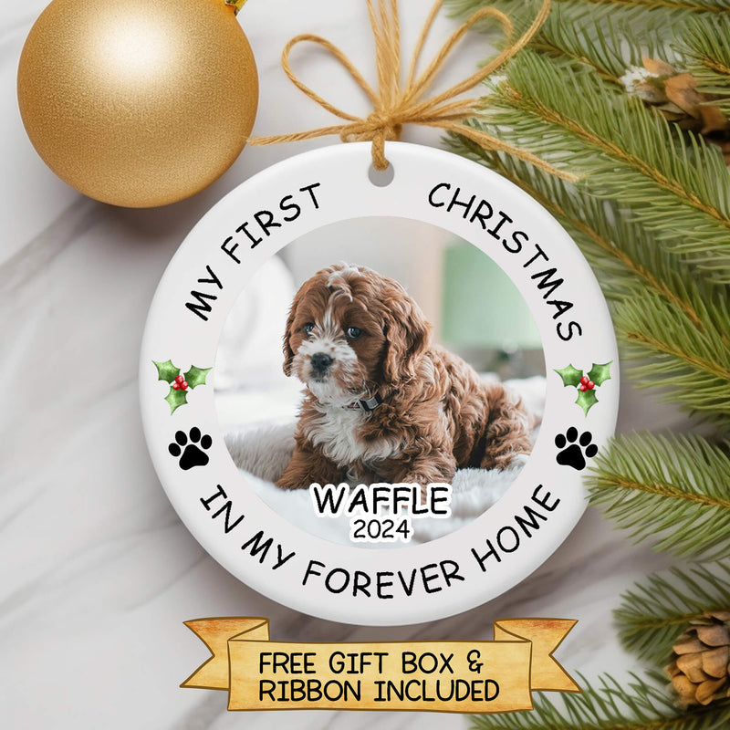 Personalized Pet Photo Christmas Ornament – First Christmas in Forever Home