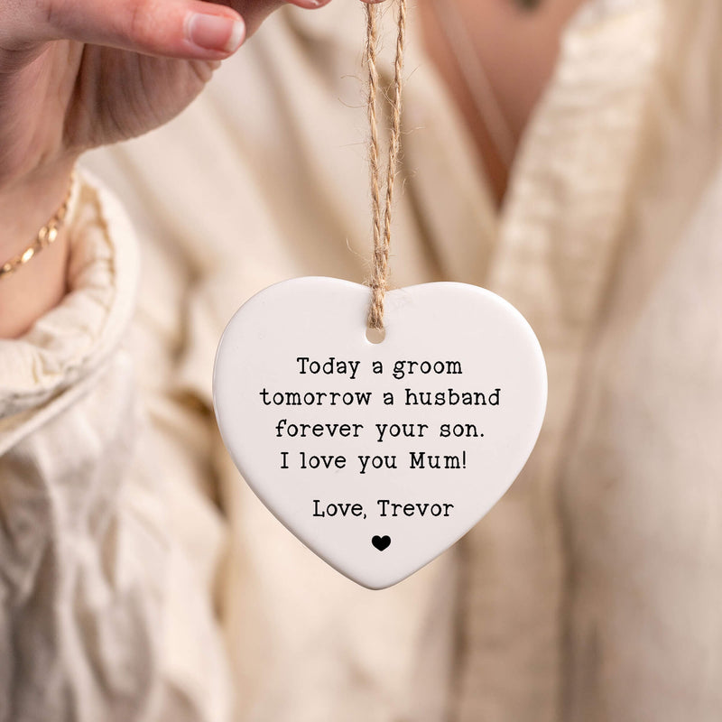 Bride Groom to Mum Wedding Gift Ornament – Heart Ceramic Keepsake | Mother of the Bride Gift | Mother of the Groom Gift | Personalized Wedding Day Ornament