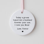 Bride Groom to Mum Wedding Gift Ornament – Heart Ceramic Keepsake | Mother of the Bride Gift | Mother of the Groom Gift | Personalized Wedding Day Ornament