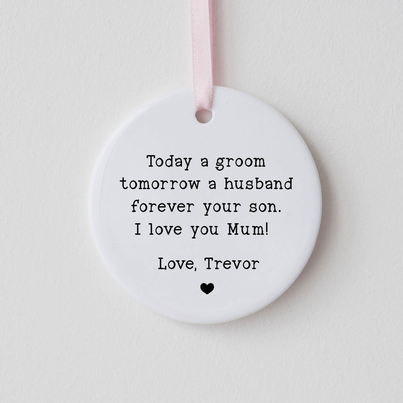 Bride Groom to Mum Wedding Gift Ornament – Heart Ceramic Keepsake | Mother of the Bride Gift | Mother of the Groom Gift | Personalized Wedding Day Ornament