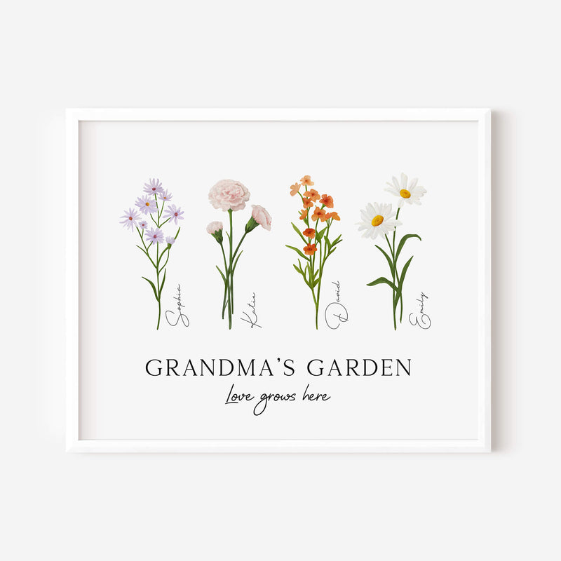 Grandma's Garden Wall Art - Personalised Birth Flower Print - Mothers Day Gifts For Nanna