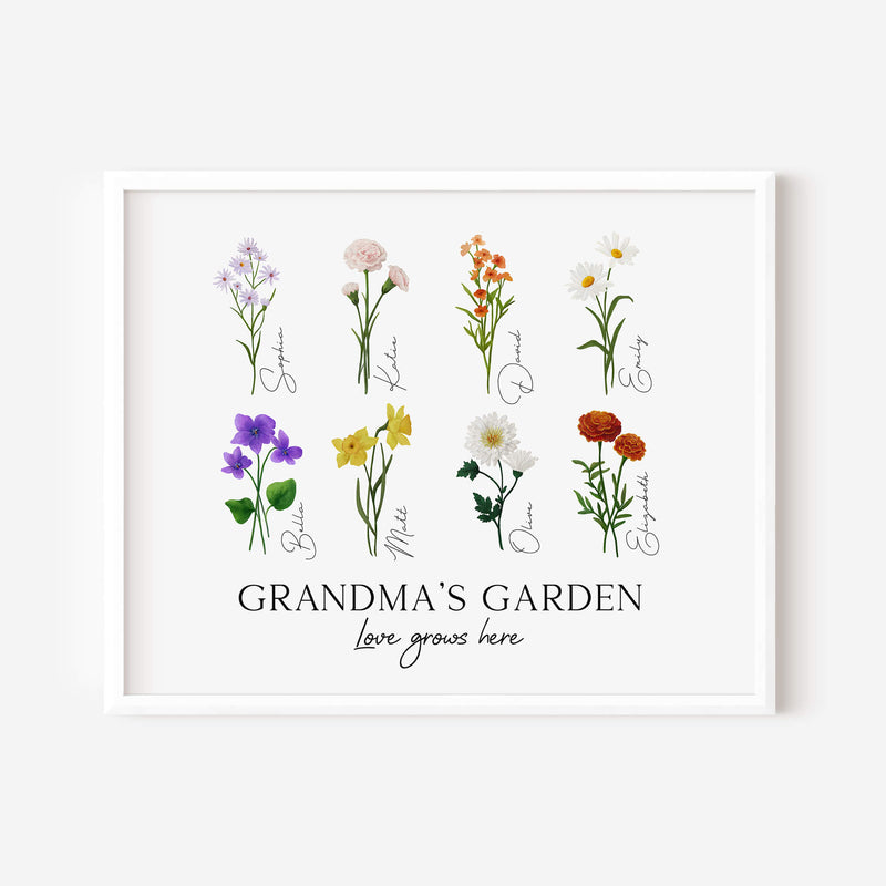 Grandma's Garden Wall Art - Personalised Birth Flower Print - Mothers Day Gifts For Nanna