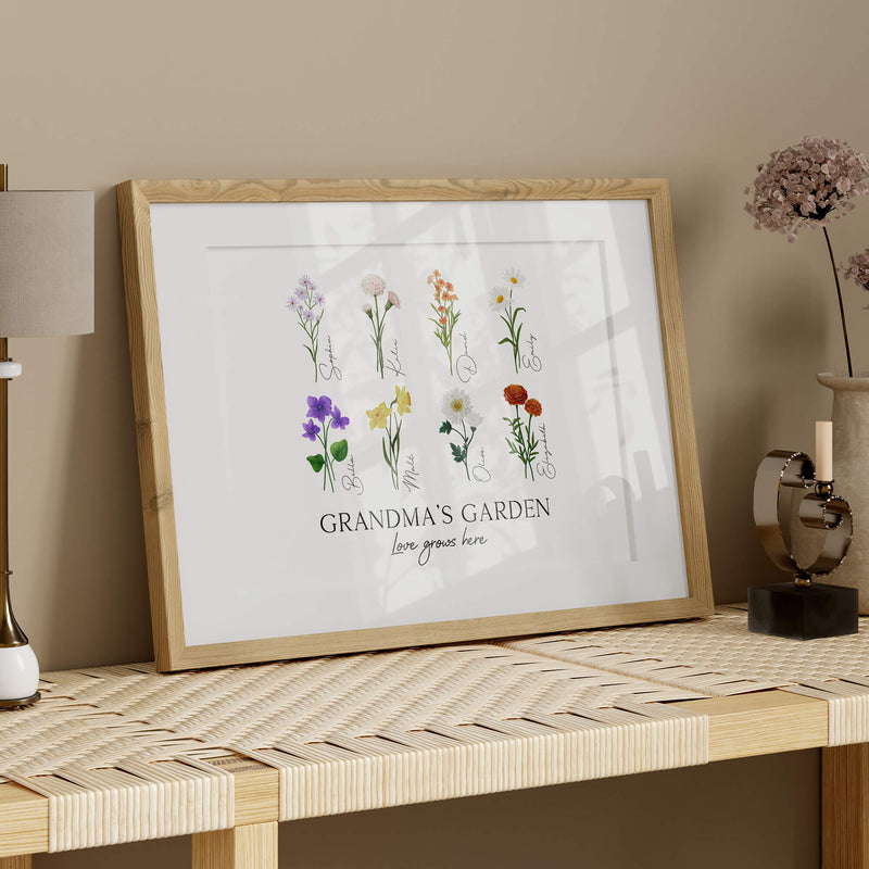 Grandma's Garden Wall Art - Personalised Birth Flower Print - Mothers Day Gifts For Nanna