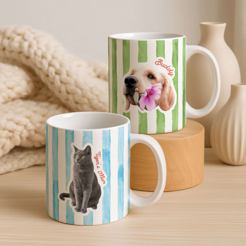 Personalised Striped Photo Mug – Custom Pet, Baby, or Family Face Mug in 8 Colours