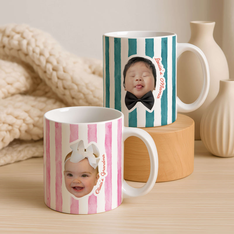 Personalised Striped Photo Mug – Custom Pet, Baby, or Family Face Mug in 8 Colours