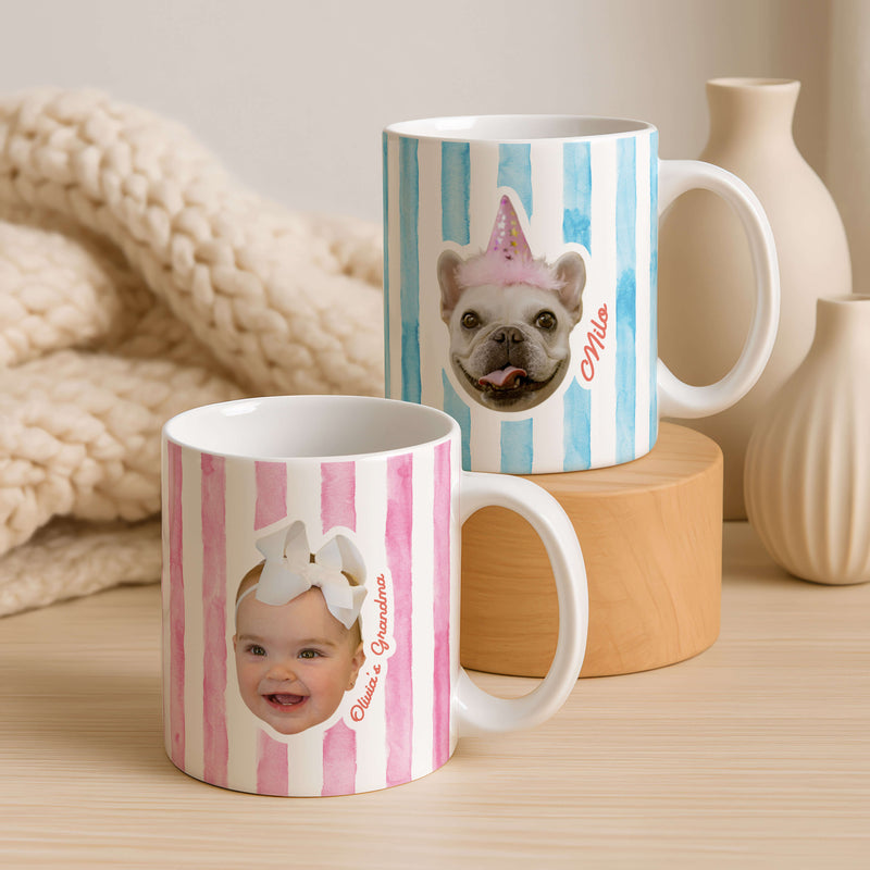 Personalised Striped Photo Mug – Custom Pet, Baby, or Family Face Mug in 8 Colours