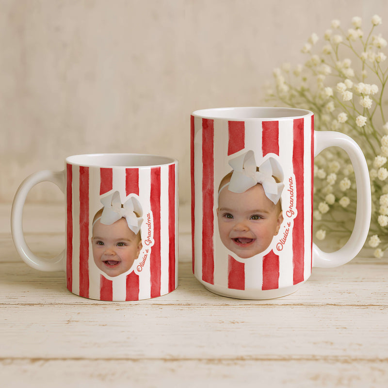 Personalised Striped Photo Mug – Custom Pet, Baby, or Family Face Mug in 8 Colours