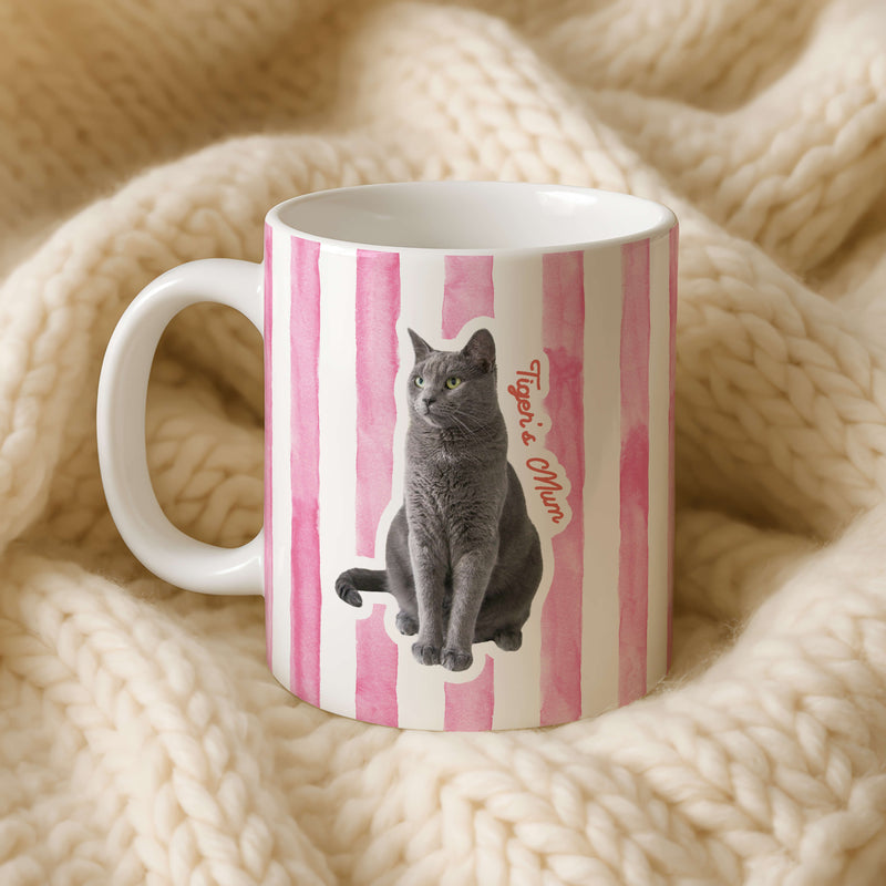 Personalised Striped Photo Mug – Custom Pet, Baby, or Family Face Mug in 8 Colours