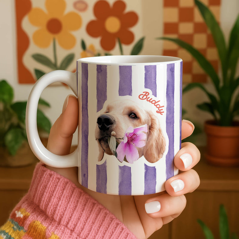 Personalised Striped Photo Mug – Custom Pet, Baby, or Family Face Mug in 8 Colours