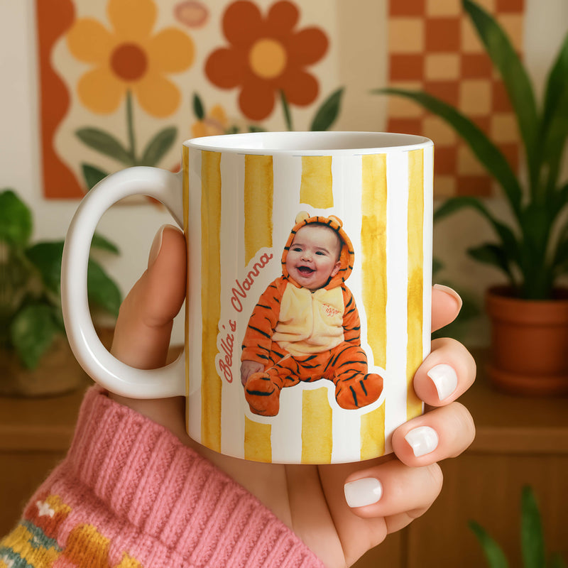 Personalised Striped Photo Mug – Custom Pet, Baby, or Family Face Mug in 8 Colours