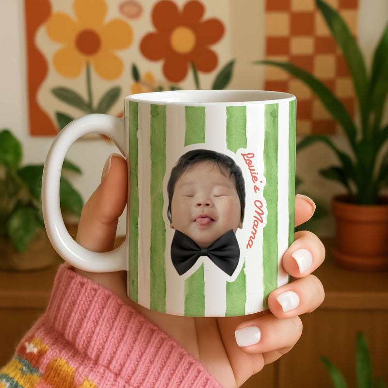 Personalised Striped Photo Mug – Custom Pet, Baby, or Family Face Mug in 8 Colours