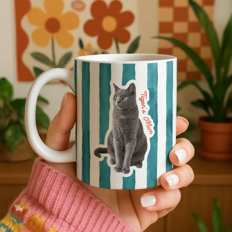 Personalised Striped Photo Mug – Custom Pet, Baby, or Family Face Mug in 8 Colours