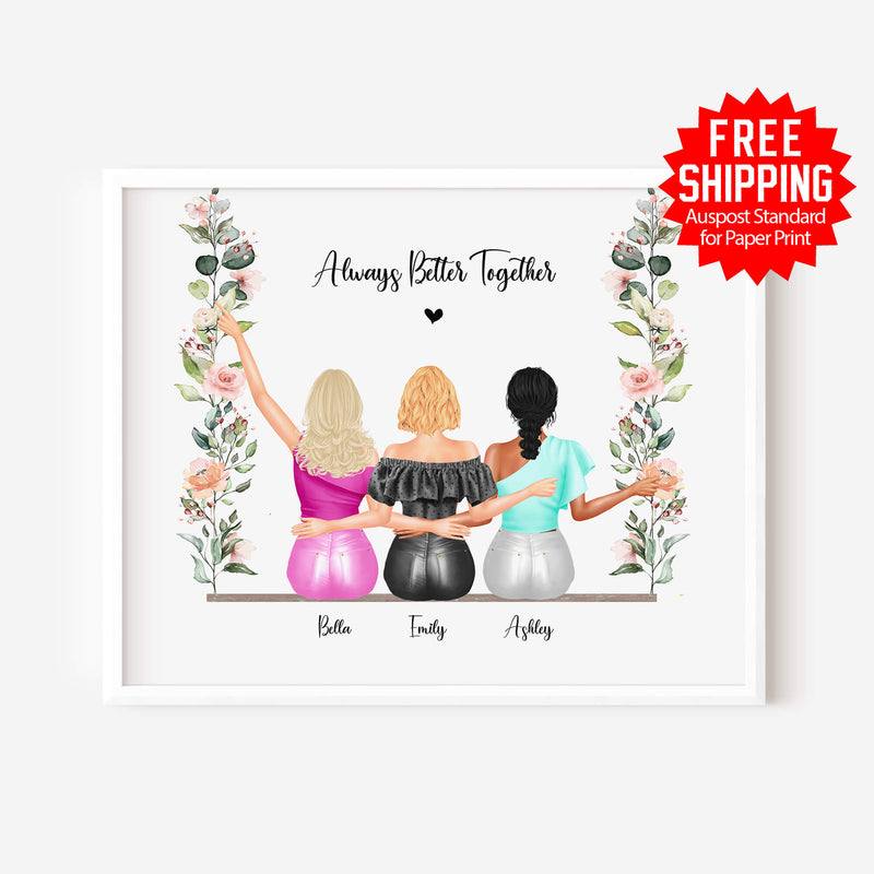 Up To 4 - Personalized Best Friends & Sisters Portrait Print – Custom Friendship Wall Art - Swing - Flower