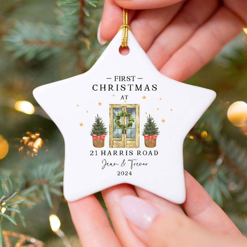 Custom First Christmas at New Home Ceramic Ornament - Personalized Housewarming Gift - New Home Ornament - Real Estate Gift