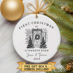 Custom First Christmas at New Home Ceramic Ornament - Personalized Housewarming Gift - New Home Ornament - Real Estate Gift - Black & White