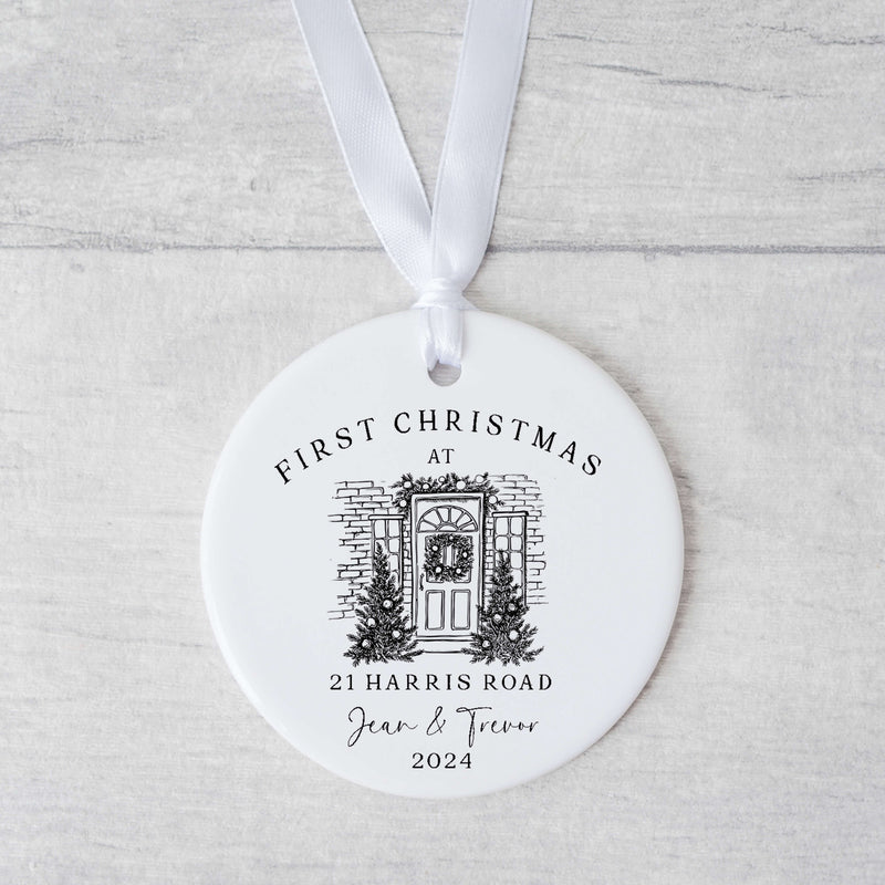 Custom First Christmas at New Home Ceramic Ornament - Personalized Housewarming Gift - New Home Ornament - Real Estate Gift - Black & White