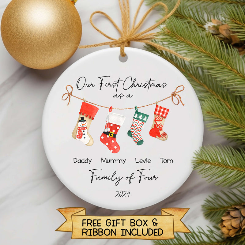 Our First Christmas Family Ornament – A Family Of Three, Four, Five - Personalised Stocking Design