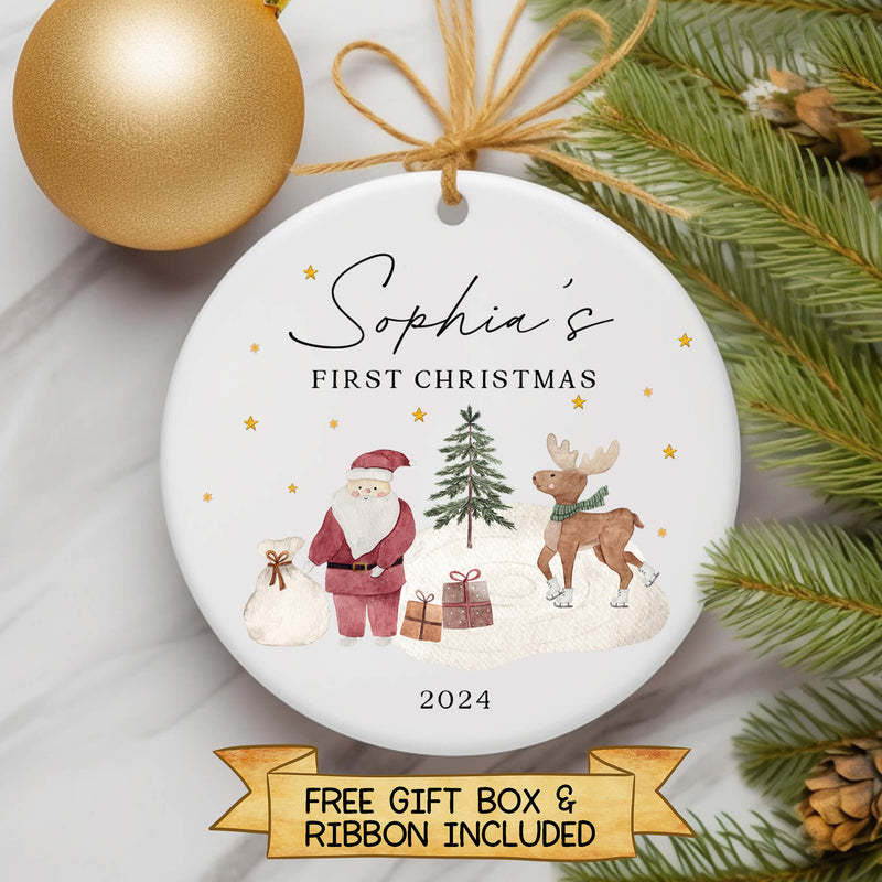 Baby’s First Christmas Ornament – Personalised Santa & Reindeer Design