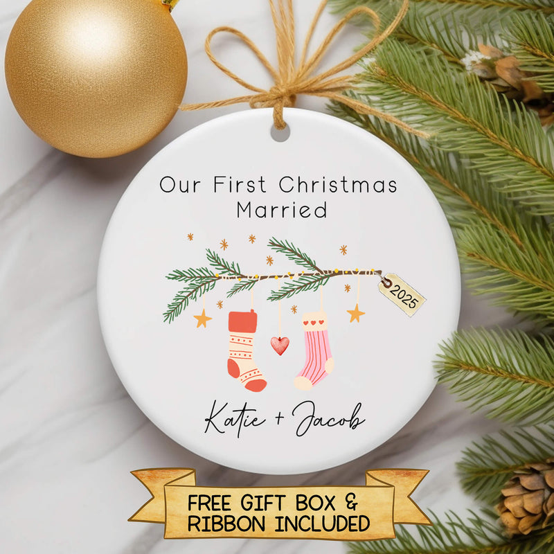 Personalised “Our First Christmas Engaged or Married” Ornament – Hanging StockingsCustom Couple Keepsake