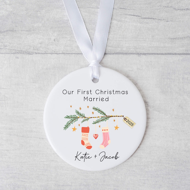 Personalised “Our First Christmas Engaged or Married” Ornament – Hanging StockingsCustom Couple Keepsake