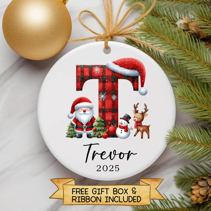 Personalised Christmas Initial Ornament – Buffalo Plaid Santa, Reindeer & Snowman Design