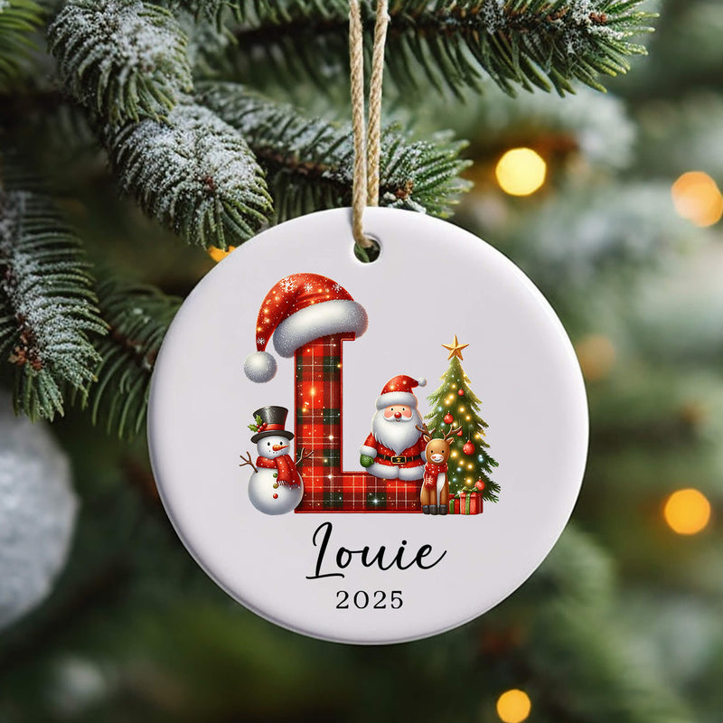 Personalised Christmas Initial Ornament – Buffalo Plaid Santa, Reindeer & Snowman Design