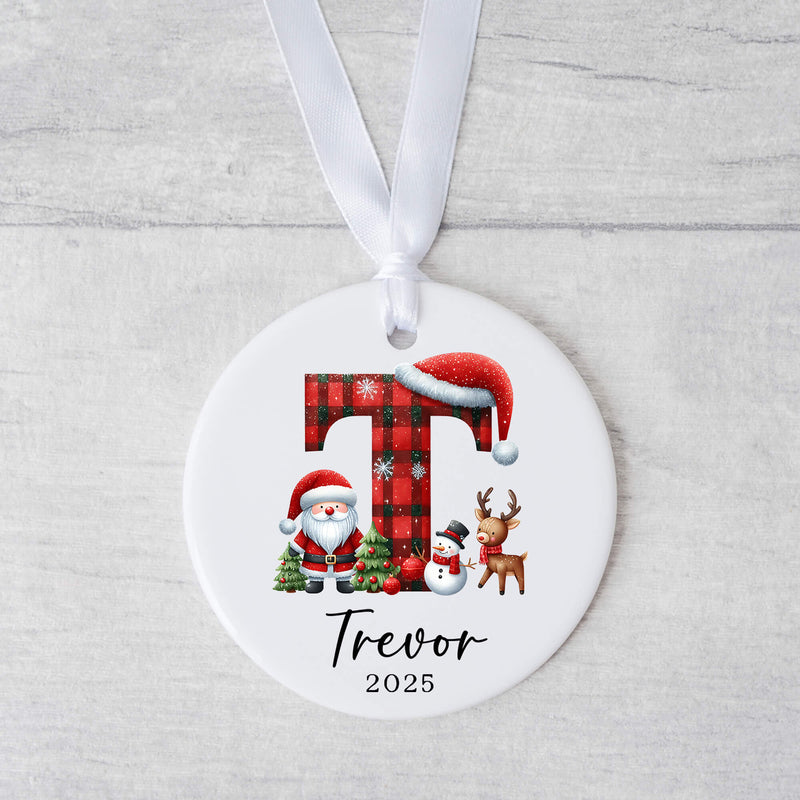 Personalised Christmas Initial Ornament – Buffalo Plaid Santa, Reindeer & Snowman Design