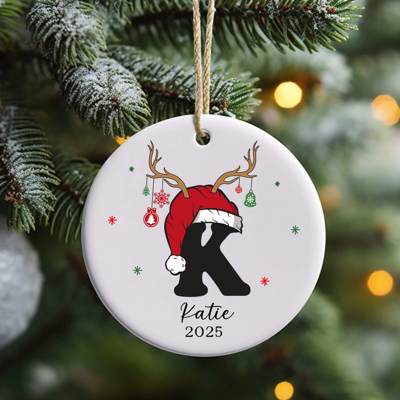 Personalised Christmas Initial Ornament – Reindeer Antlers & Santa Hat Design