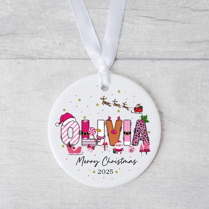 Personalised Christmas Name Ornament – Cute Pink Festive Kids Bauble