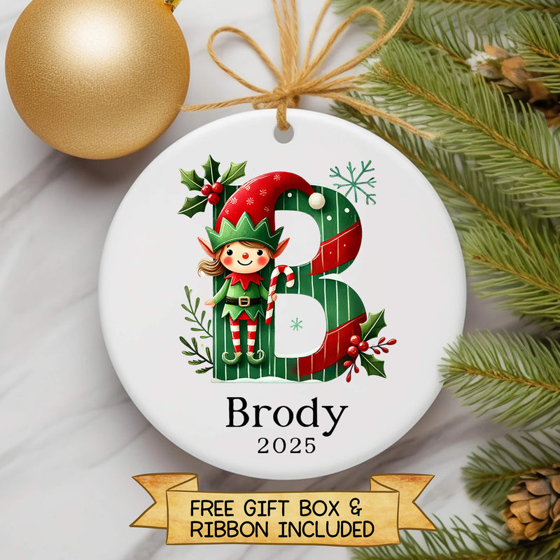 Personalised Elf Initial Christmas Ornament – Custom Name Bauble for Kids