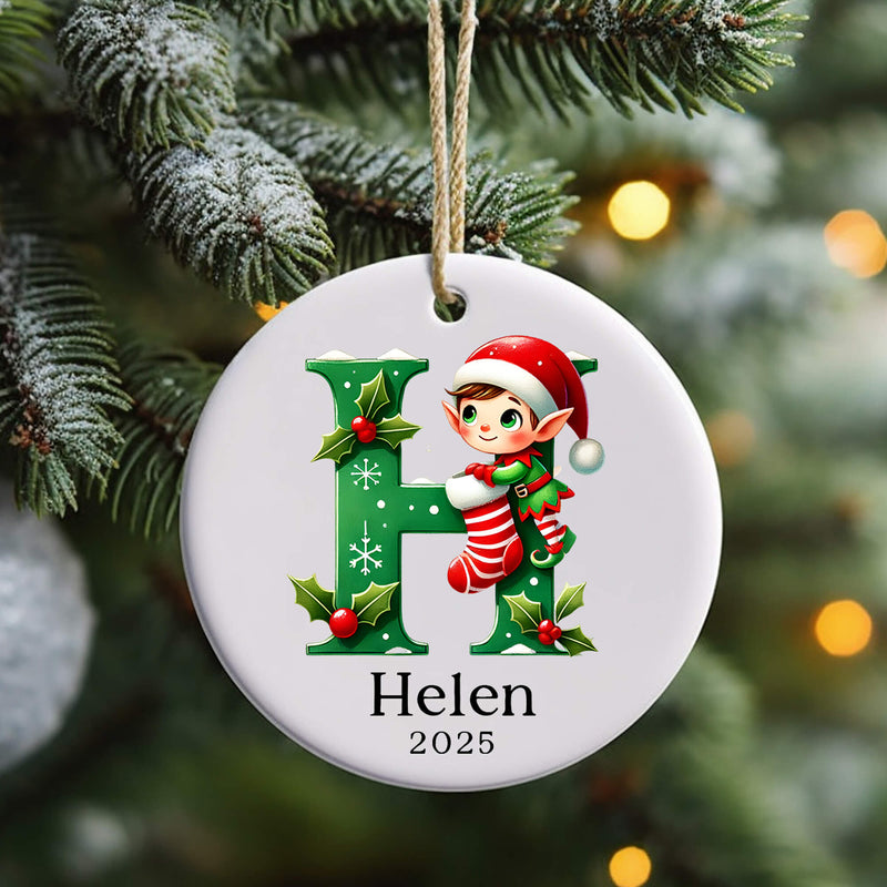 Personalised Elf Initial Christmas Ornament – Custom Name Bauble for Kids