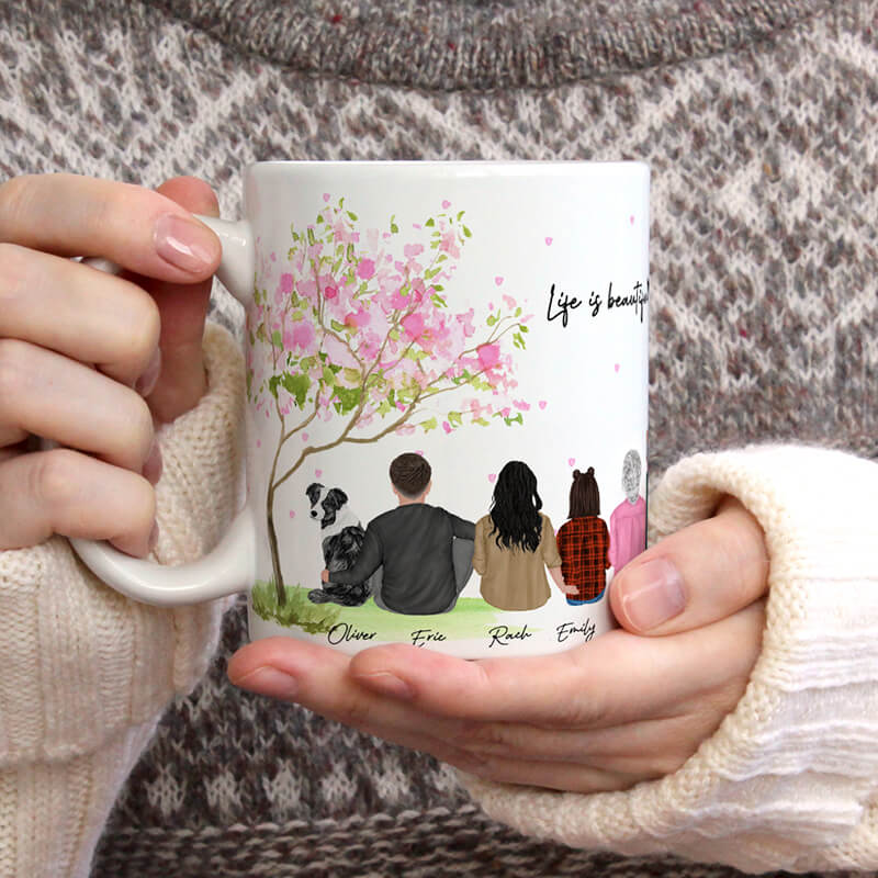 Personalised Mugs - Family Portraits - Flower Tree - Housewarming Gift Ideas - Family, Mother's Day, Father's Day Gifts