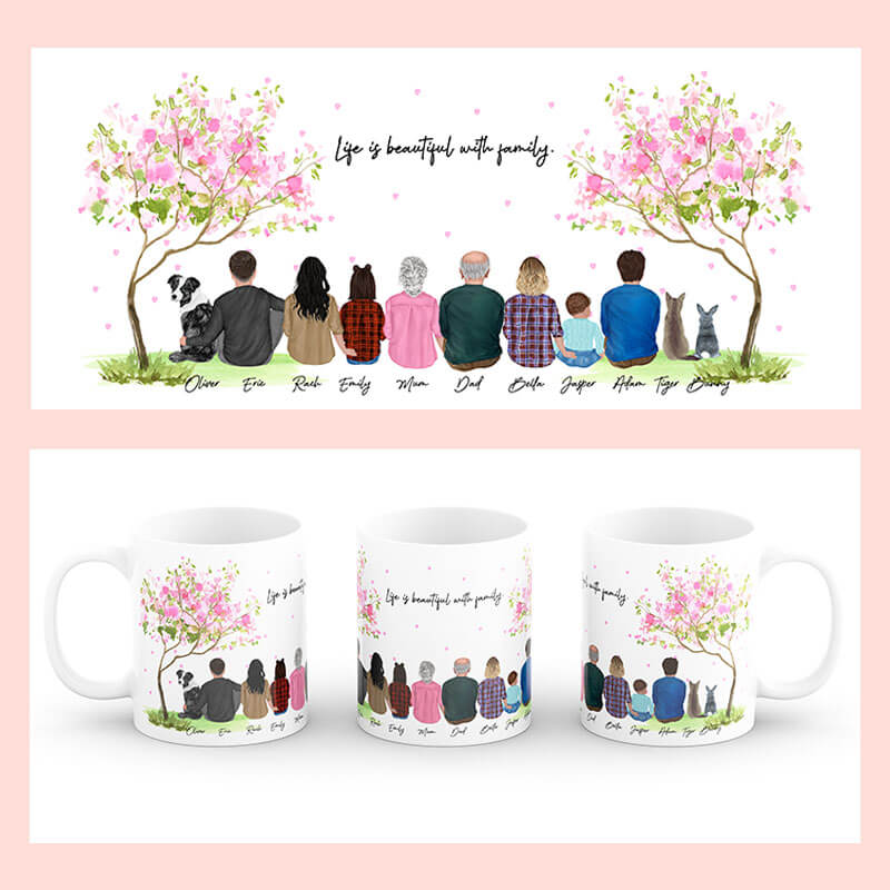Personalised Mugs - Family Portraits - Flower Tree - Housewarming Gift Ideas - Family, Mother's Day, Father's Day Gifts