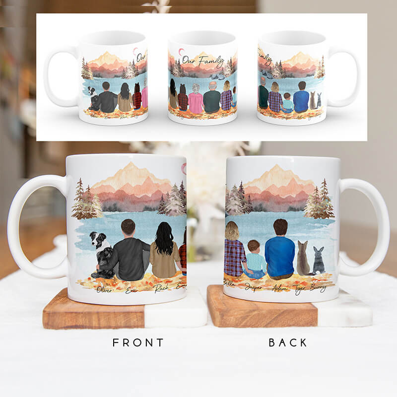 Personalised Mugs - Family Portraits - Fall Mountain Lake - Housewarming Gift Ideas - Family, Mother's Day, Father's Day Gifts