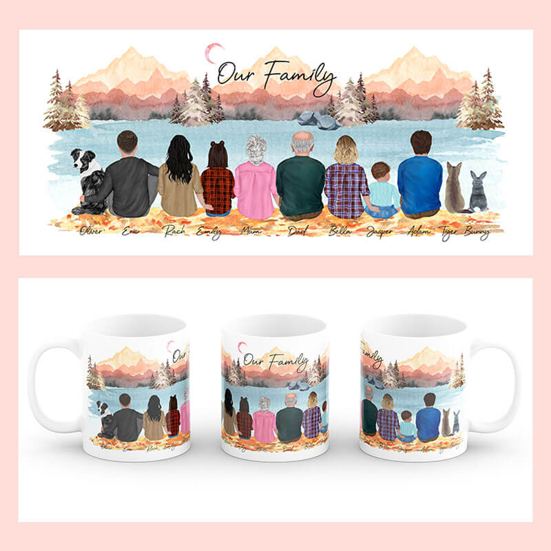 Personalised Mugs - Family Portraits - Fall Mountain Lake - Housewarming Gift Ideas - Family, Mother's Day, Father's Day Gifts