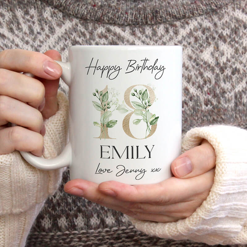 Personalised Milestone Birthday Mug - Custom Age - Green Leaves