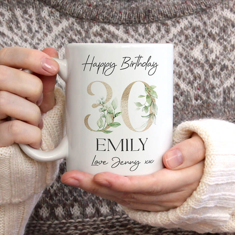 Personalised Milestone Birthday Mug - Custom Age - Green Leaves