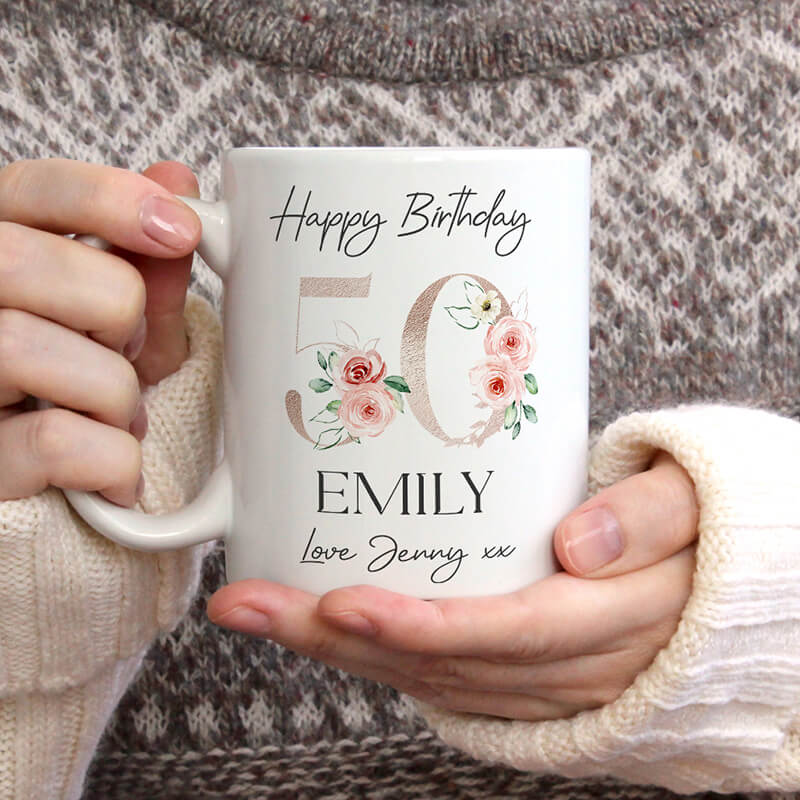 Personalised Milestone Birthday Mugs - Custom Age - Pink & Peach Flowers