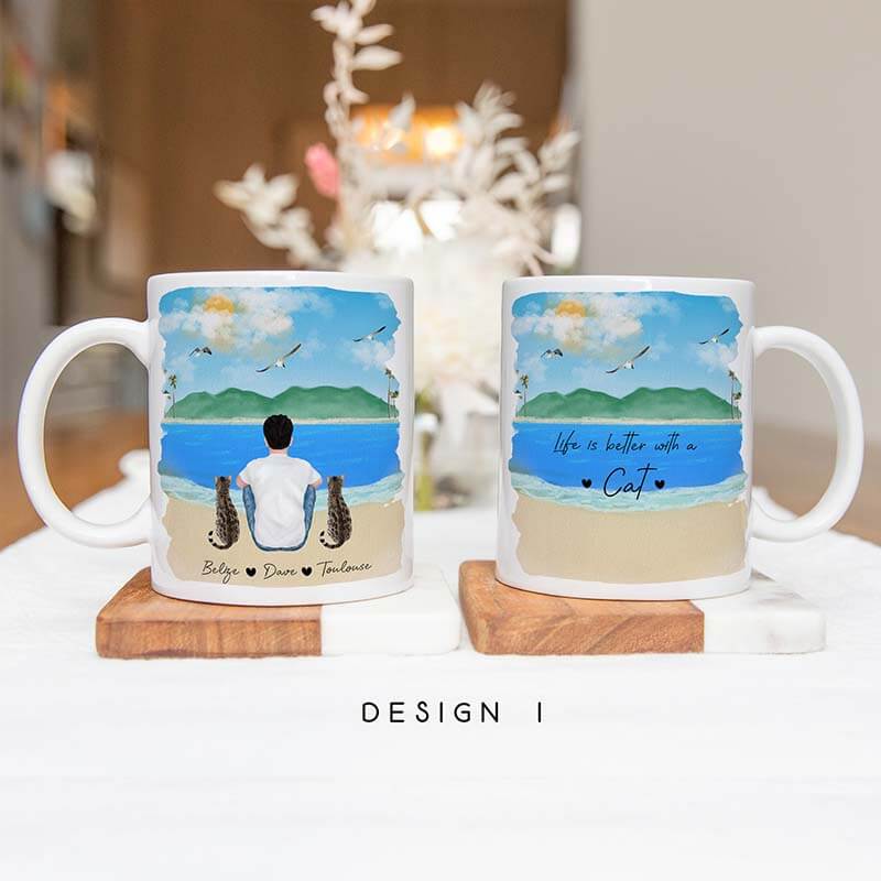 Personalised Mugs - Pet Portrait - Cat Tea Cup - Cat Gifts For Cat Owner - Cat Dad - Beach