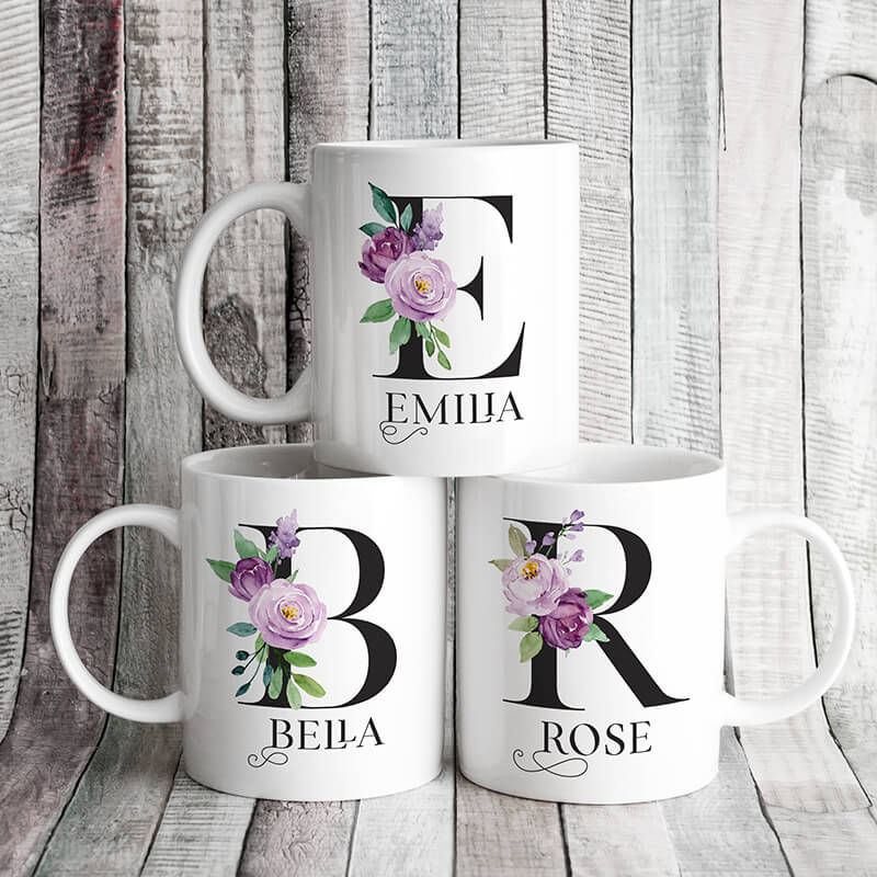 Personalised Mugs - Initial, Name - Violet Roses