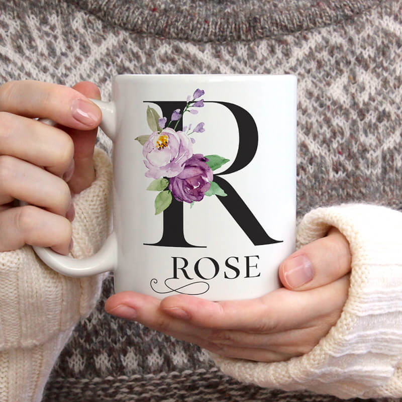 Personalised Mugs - Initial, Name - Violet Roses