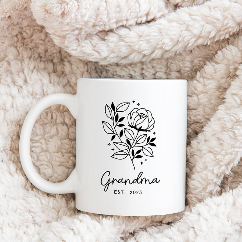 Mother's Day Gift - Personalised Mugs - Grandma Mug - Flower Minimalist Line Art