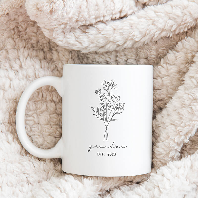 Mother's Day Gift - Personalised Mugs - Grandma Mug - Flower Minimalist Line Art